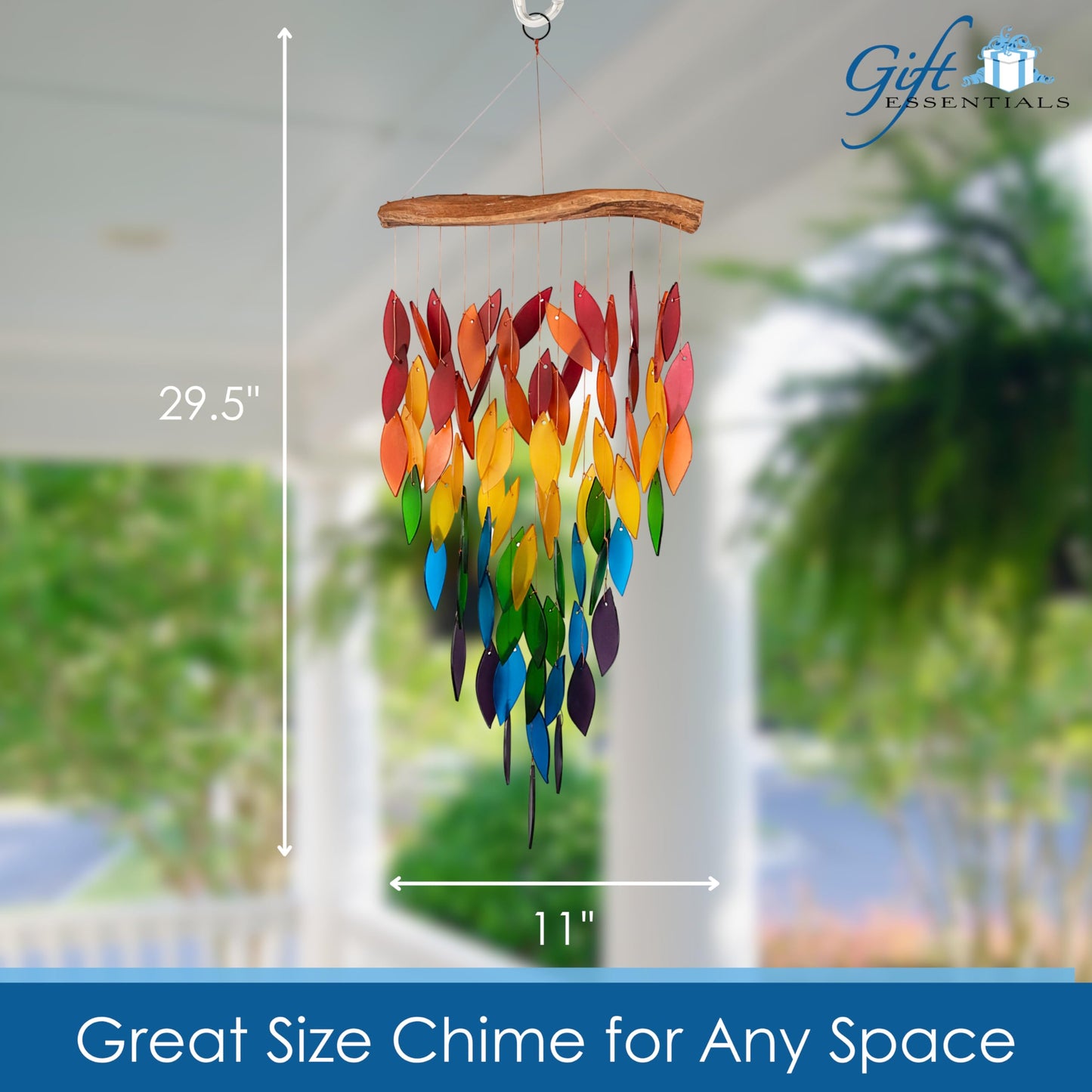 Blue Handworks Deluxe Rainbow Waterfall & Driftwood Chime, Sandblasted Glass and Found Wood Handcrafted Wind Chime