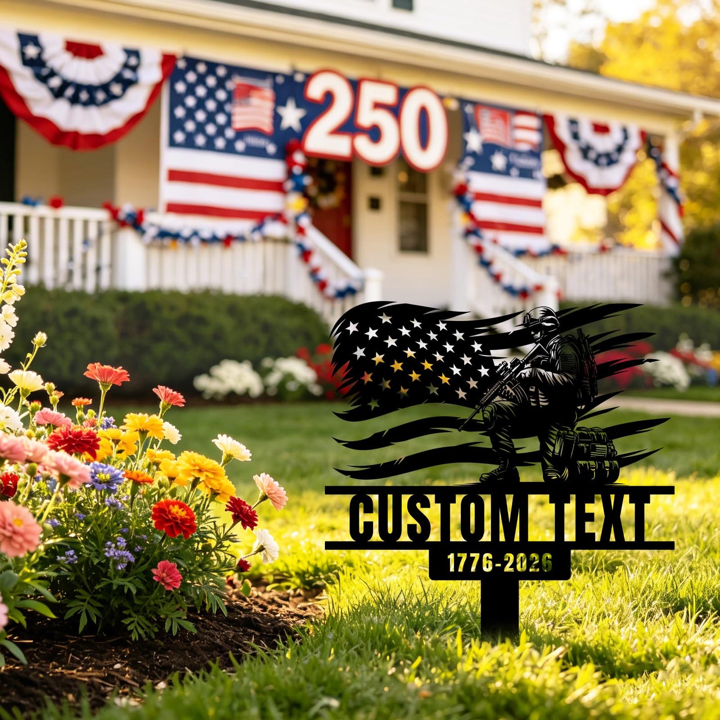 Bliver Personalized USA 250th Anniversary Metal Garden Stake Custom American Patriotic Yard Sign with Family Name Durable Weatherproof Decor for Lawn Memorial Display 10-28 Inch