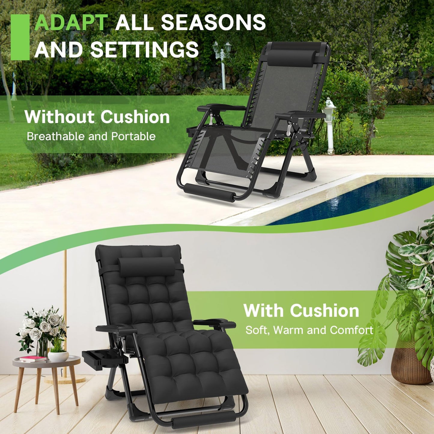 ZENPETIO 29In XL Zero Gravity Chair w/Cushion, Zero Gravity Recliner Lounge Chair for Indoor and Outdoor, Reclining Camping Chair for Lawn, Anti Gravity Chair with Cup Holder and Footrest, 440LBS