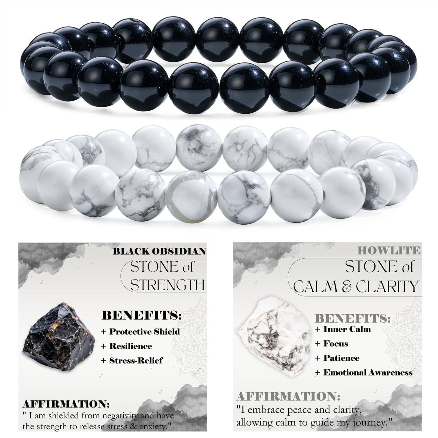 Bivei 2-Piece 8mm Beaded Bracelets for Women – Black Obsidian, Howlite – Handmade Natural Crystal Stretch Elastic Jewelry for Meditation, Yoga, Protection Gifts