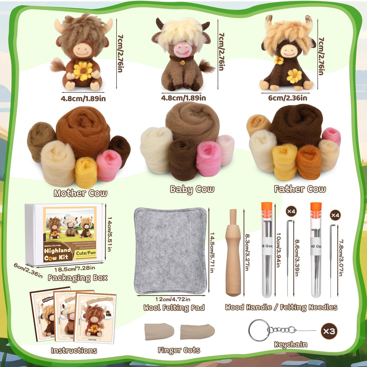 Yizzvb Needle Felting Kit, Highland Cow Family Needle Felting Kits for Beginners Adult with Instruction, Wool, Felting Needles, Felting Pad, Wool Felting Kits for Beginners DIY Home Decoration
