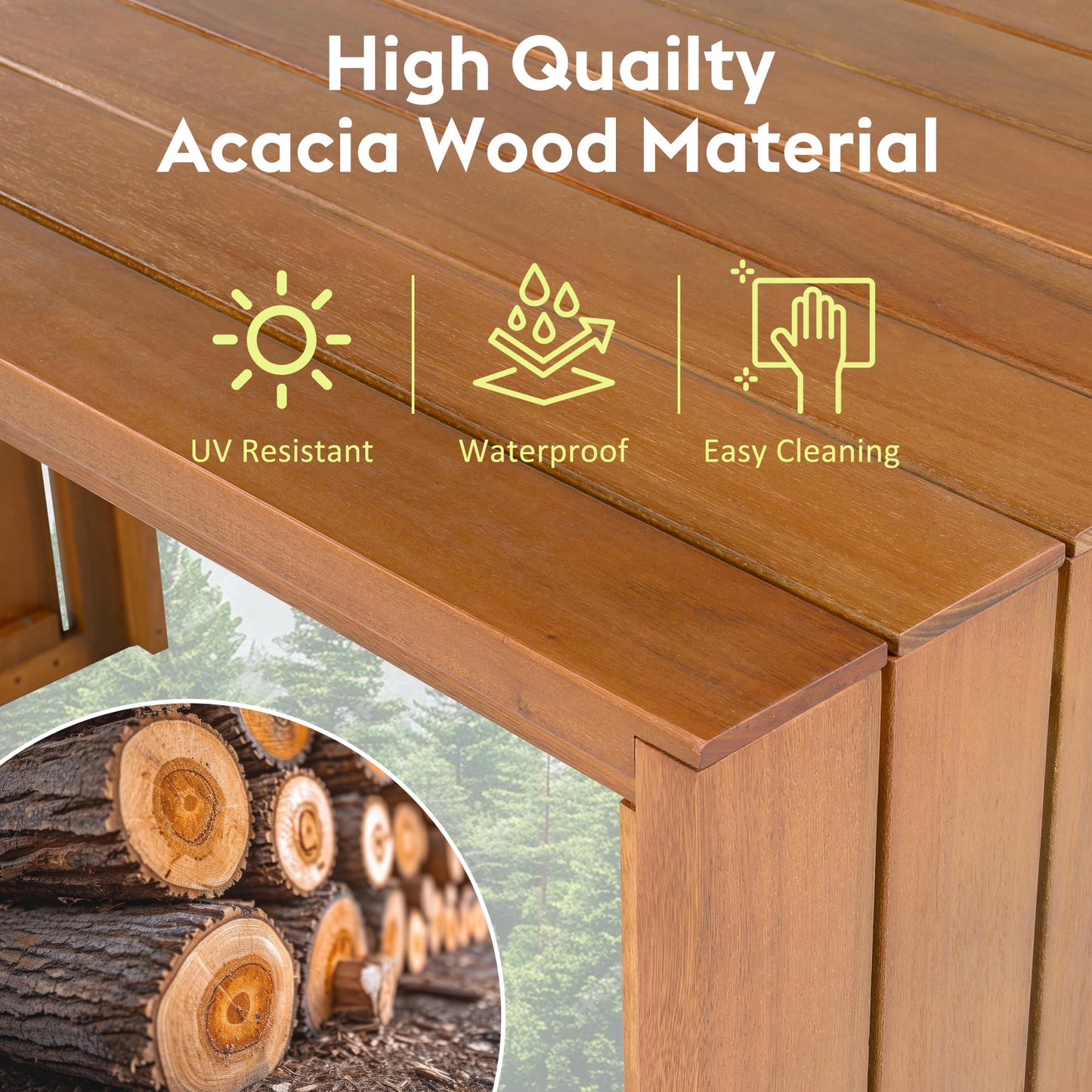 GDFStudio 5 Piece Outdoor Bar Table Set with 4 Stools, Patio Acacia Wood Bar Height Dining Furniture with Cushions, Natural Wood Counter Height Table & Chairs for Backyard, Balcony, Garden, Poolside
