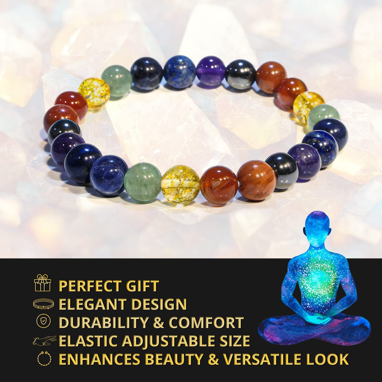 ANAYA AGATE 7 Chakra Bracelet, Natural Healing Crystal Bracelet for Women, Men, 8mm Round Beaded Bracelet for Spiritual Healing, Protection, Positive Energy, Elastic Adjustable Gemstone Bead Bracelet