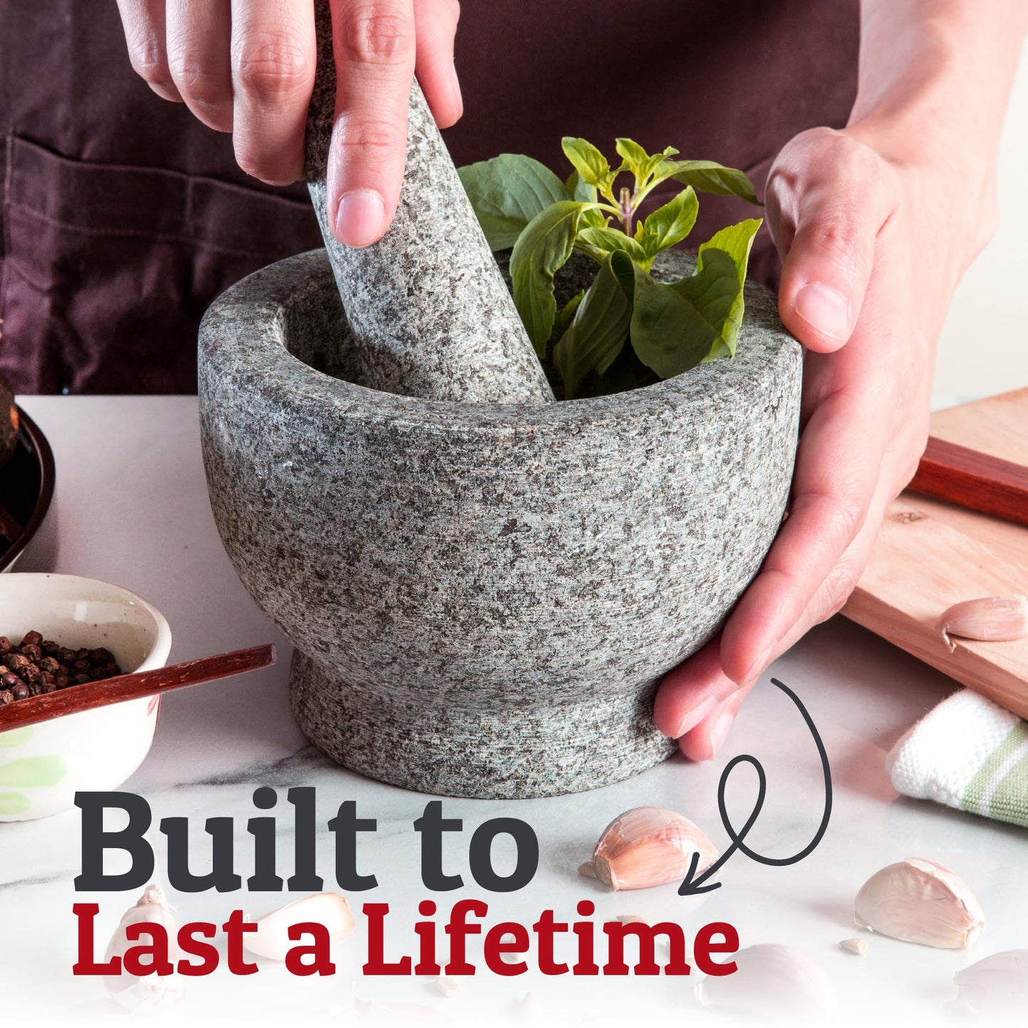 PriorityChef Large Mortar and Pestle Set, Heavy Duty Natural Granite, Make Fresh Guacamole at Home, Solid Stone Grinder Bowl, Herb Crusher, Spice Grinder, 2 Cup Size, Unpolished Grey