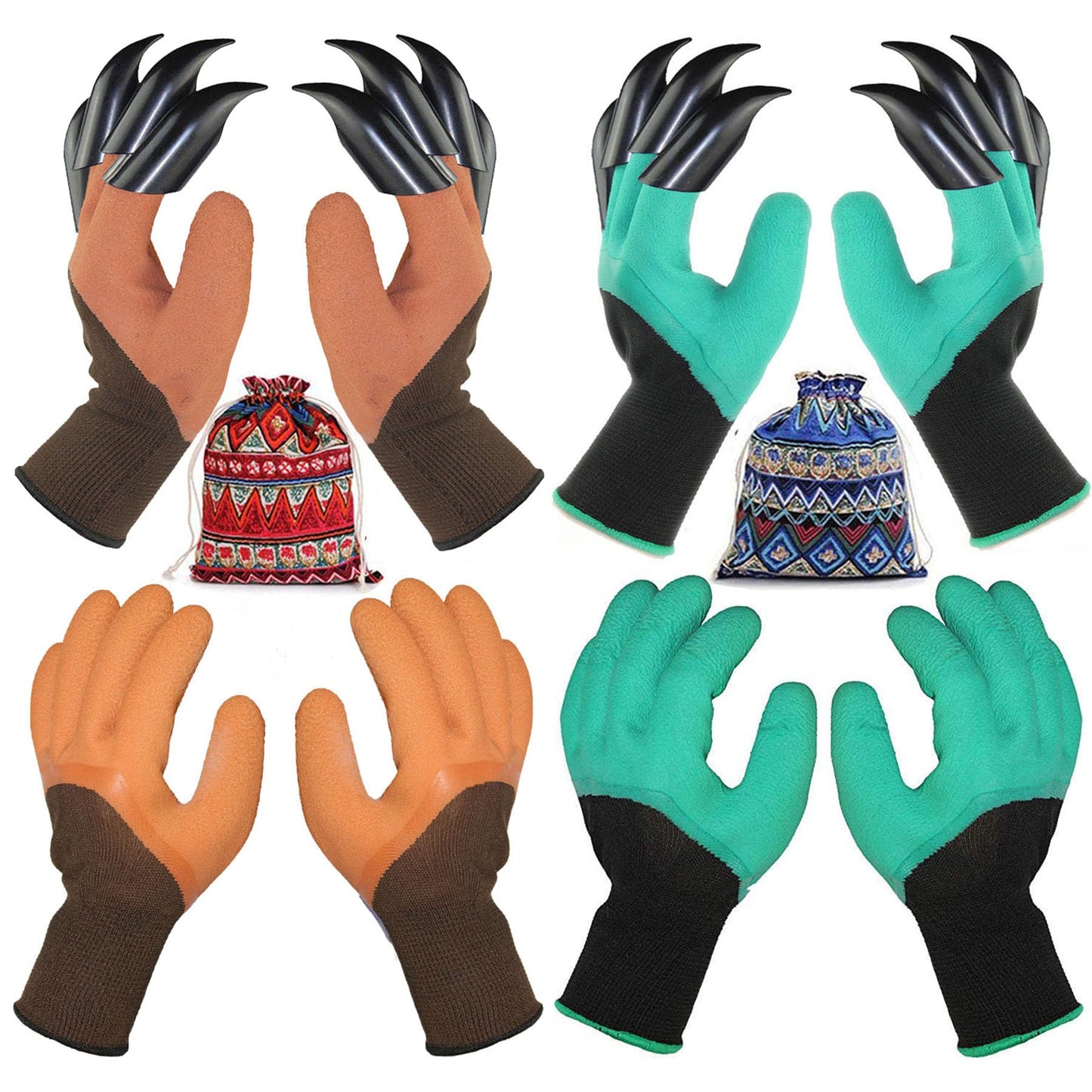 UIOOIU Gardening Gloves with Claws for Digging Planting and Weeding Waterproof Breathable for Gardeners (4 Pairs Brown and Green)