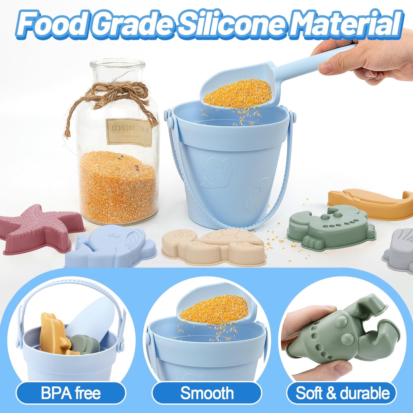 Biubee 9Pcs Silicone Sand Toys for Baby with Portable Beach Bag - Kids Beach Set with Beach Toy Molds Shovel Bucket Set - Toddler Sandbox Toys for Kids Outdoor Summer Playset