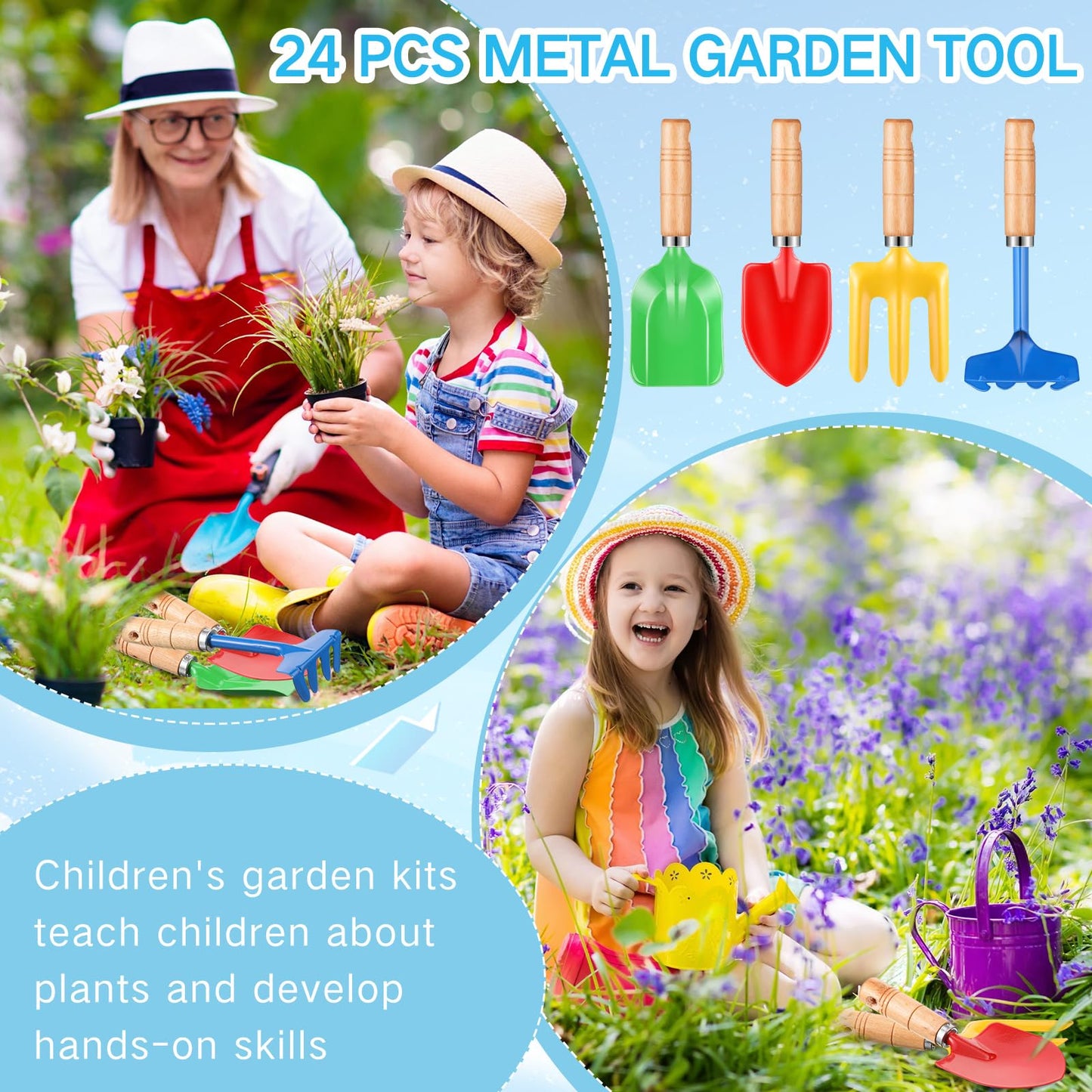 Motionchic 8" Kids Gardening Tools, Metal Beach Sandbox Digging Toys with Wooden Handle, Including Shovel, Rake, Fork and Trowel, Garden Sand Snow Tools for Children Gift Outdoor Gardening(24 Pcs)