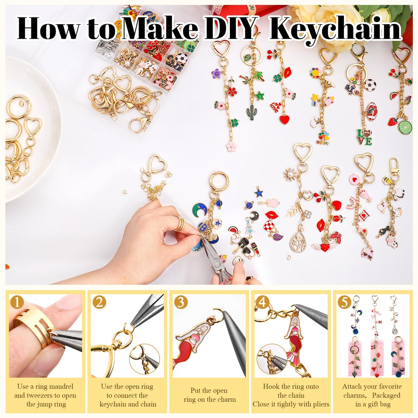 Riwiuue 352Pcs Lip Gloss Keychain Making Kit, DIY Charms Key Chain Making Kit with Bag Charm Supplies, Pendant, Jump Ring, Crab Clip, Pliers, Gift Bag & Tools for Mother's Day Party Gifts