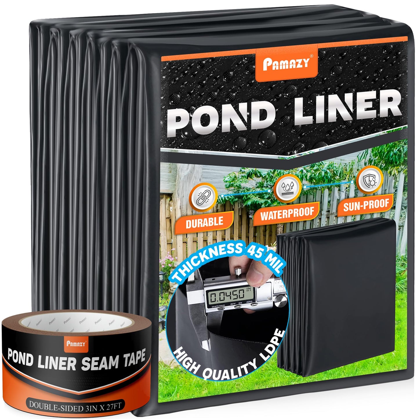 PAMAZY [Premium] 45 Mil LDPE Pond Liner with Seam Tape, 19.7 * 26.2FT Pond Lining for Fish Pond, Performed Garden Ponds, Large Pond Liner for Fishpond, Koi Pond, Waterfall, Streams