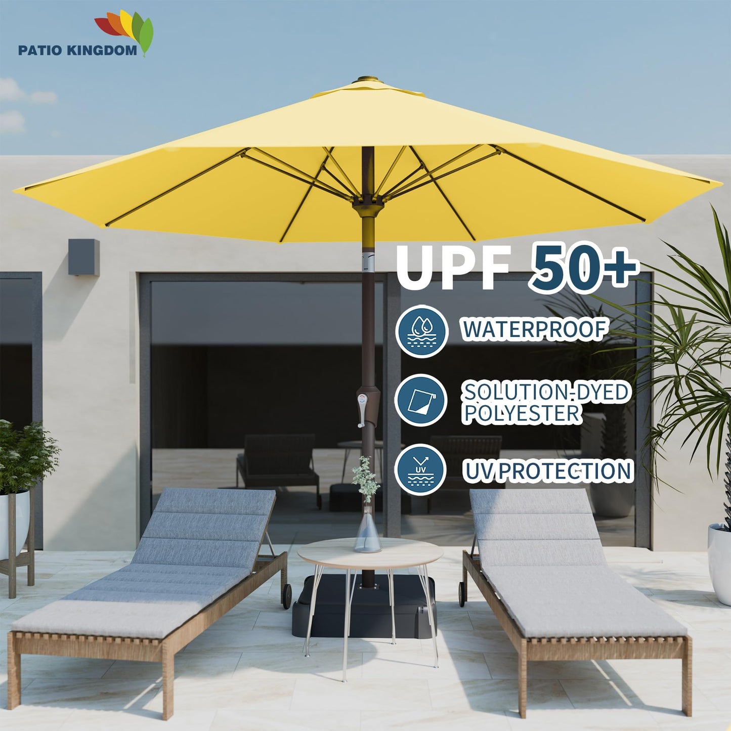 PatioKingdom Auto-Tilt 9FT Patio Umbrella Outdoor with 8 Sturdy Fiberglass Ribs,Market Table Umbrella for Pool,Backyard,Deck and Garden(Yellow)