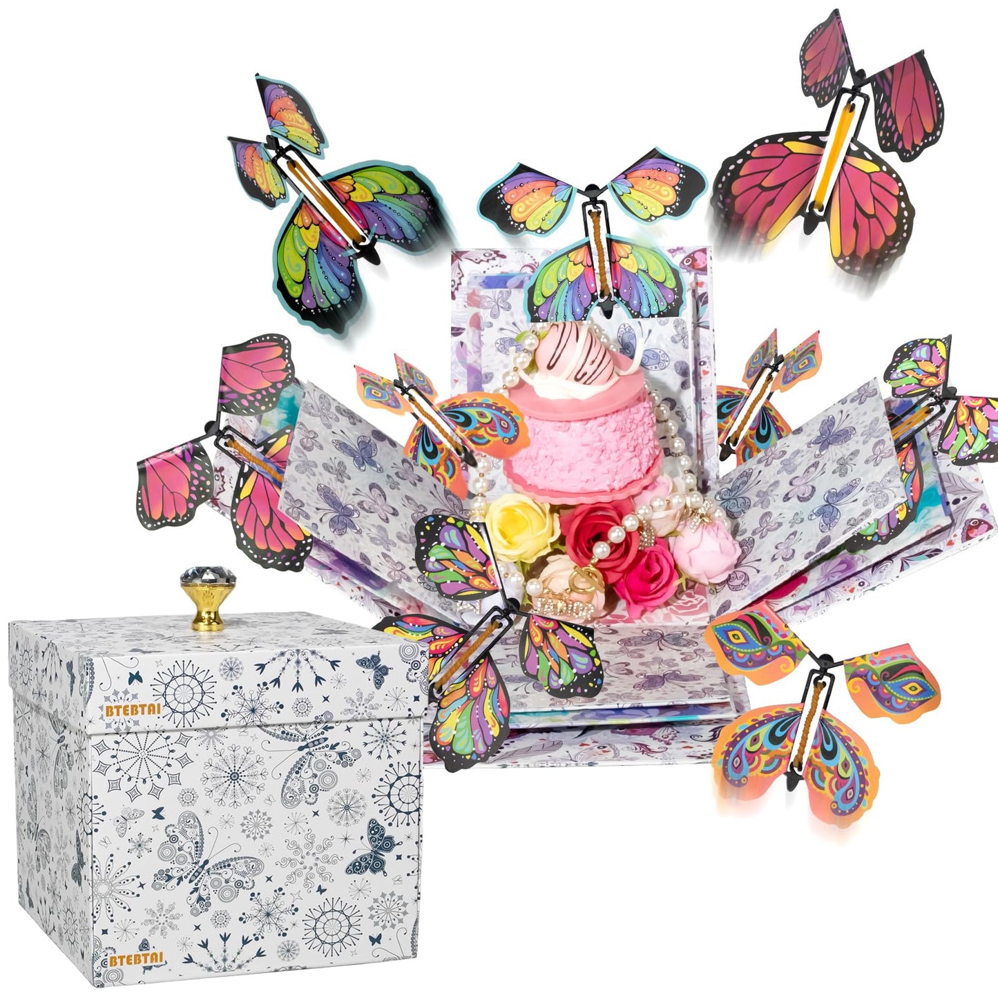 Explosion Mother’s Day Gift Box, Flying Butterfly Surprise Gifts Box, DIY White Included Butterfly Kit and Faux Rose Head for Birthday, Mothers Day Gifts & Fathers Day Gift, Weddings, Anniversaries