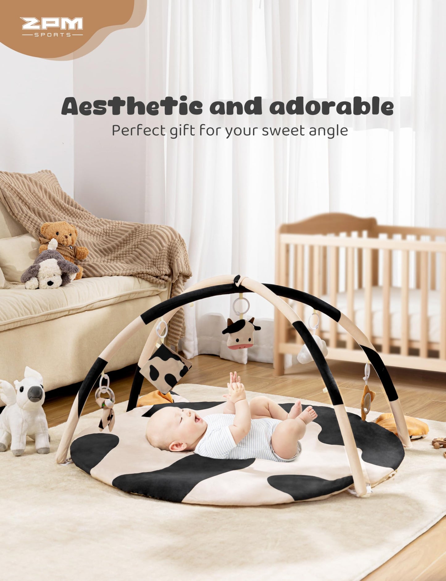 2PM SPORTS Cow Theme Baby Play Mat, Tummy Time Mat for Infant Newborn, Baby Play Gyms & Playmats for 0-3 3-6 6-12 Months, Activity Mat 5 Detachable Toys, Non Slip Gym Mat Easy to Install & Clean