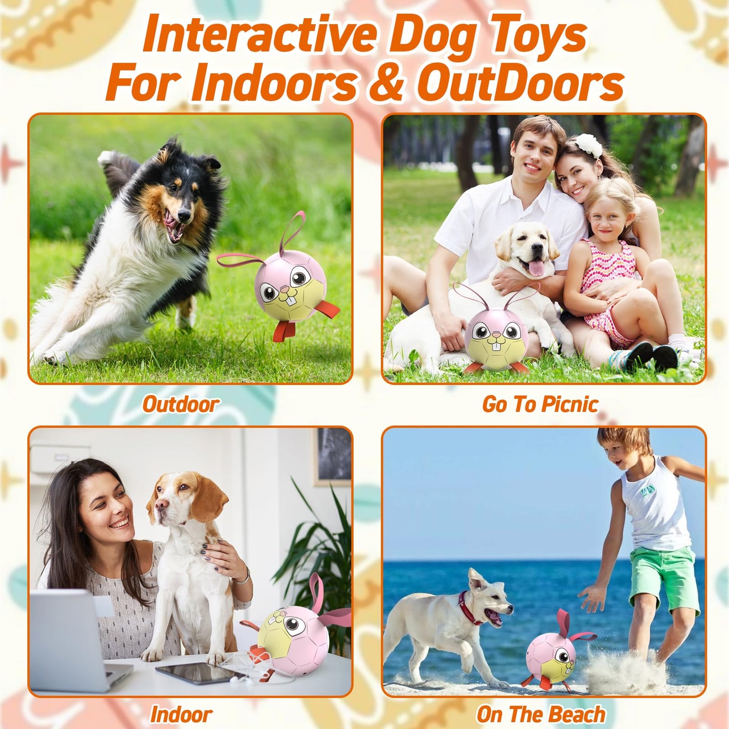 QDAN Rabbit Dog Toys, Dog Soccer Ball with Straps, Dog Water Toy, Waterproof Rubber Dog Toy Ball for Medium Small Dogs, Outdoor Inddor Doy Pet Puppy Toys (6 Inch)