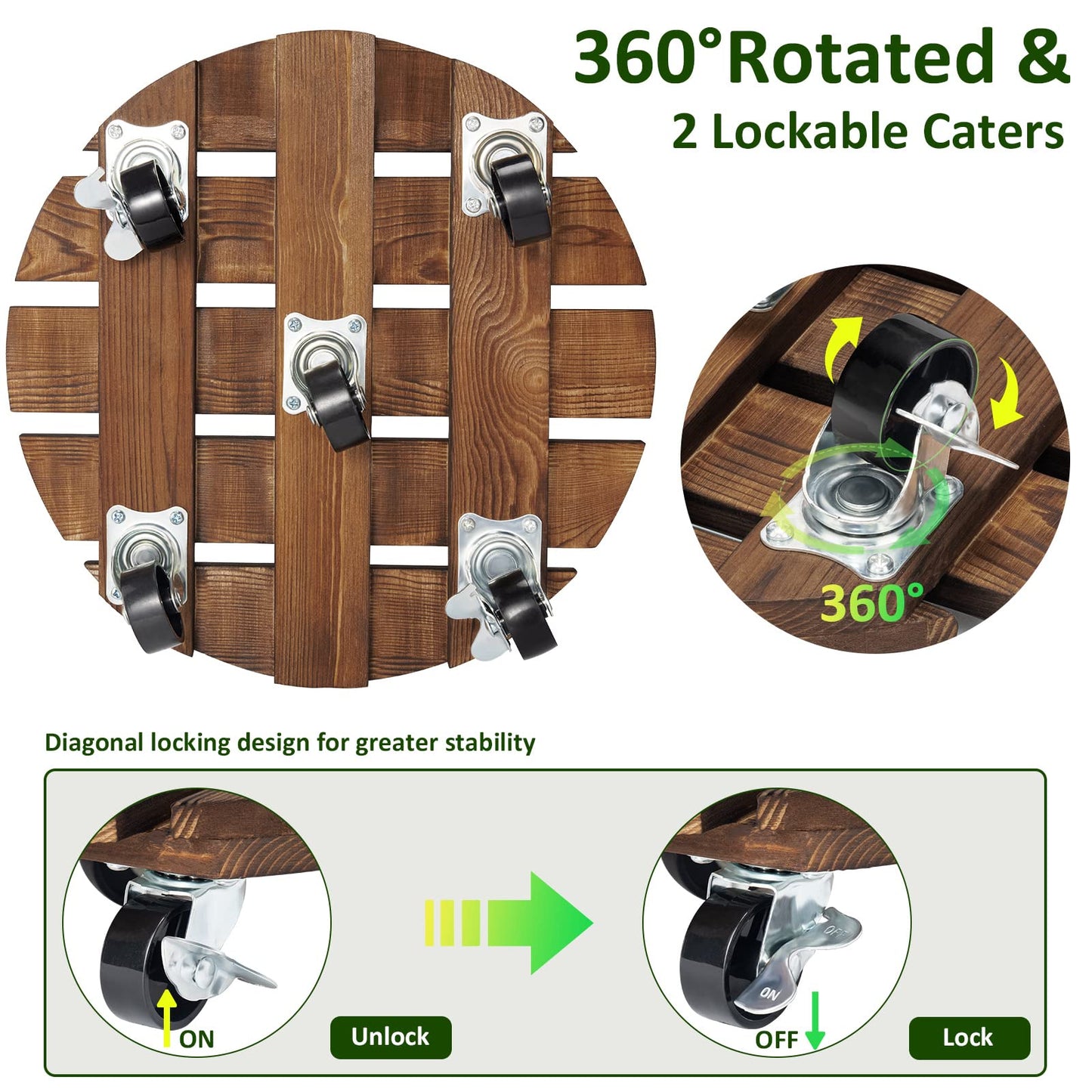 Yangbaga 2pack Plant Caddy 12’’Wood Duty Rolling Plant Stand with 2 360° Lockable Caster Wheels,Indoor Outdoor on Roller Patio/Flower Pot/Succulent Pots