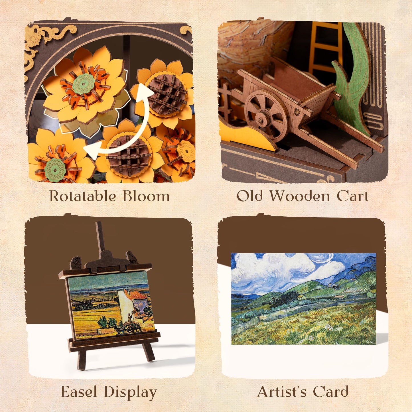 ROBOTIME Wooden Flower Golden Sunflower Building Sets for Adult with Lights TH002, Van Gogh Wall Art Crafts, Painting Frame Room Decor, Valentine's Day/Anniversary/Birthday Gifts for Women, 266PCS
