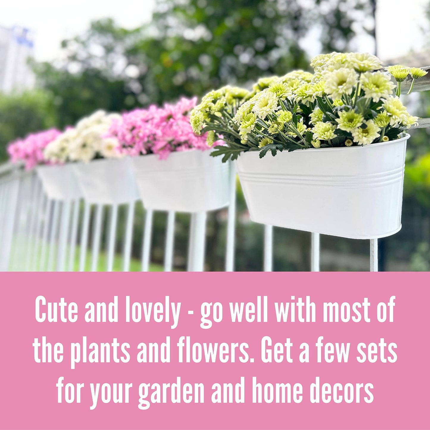 LaLaGreen Outdoor Rail Planter (4 Pack, 11.8 Inch) Metal Iron Hanging Flower Pots Deck Railings Fence Buckets Modern Countryside Boho Style White Wall Mount Window Box Plant Holder Hooks Porch Decor