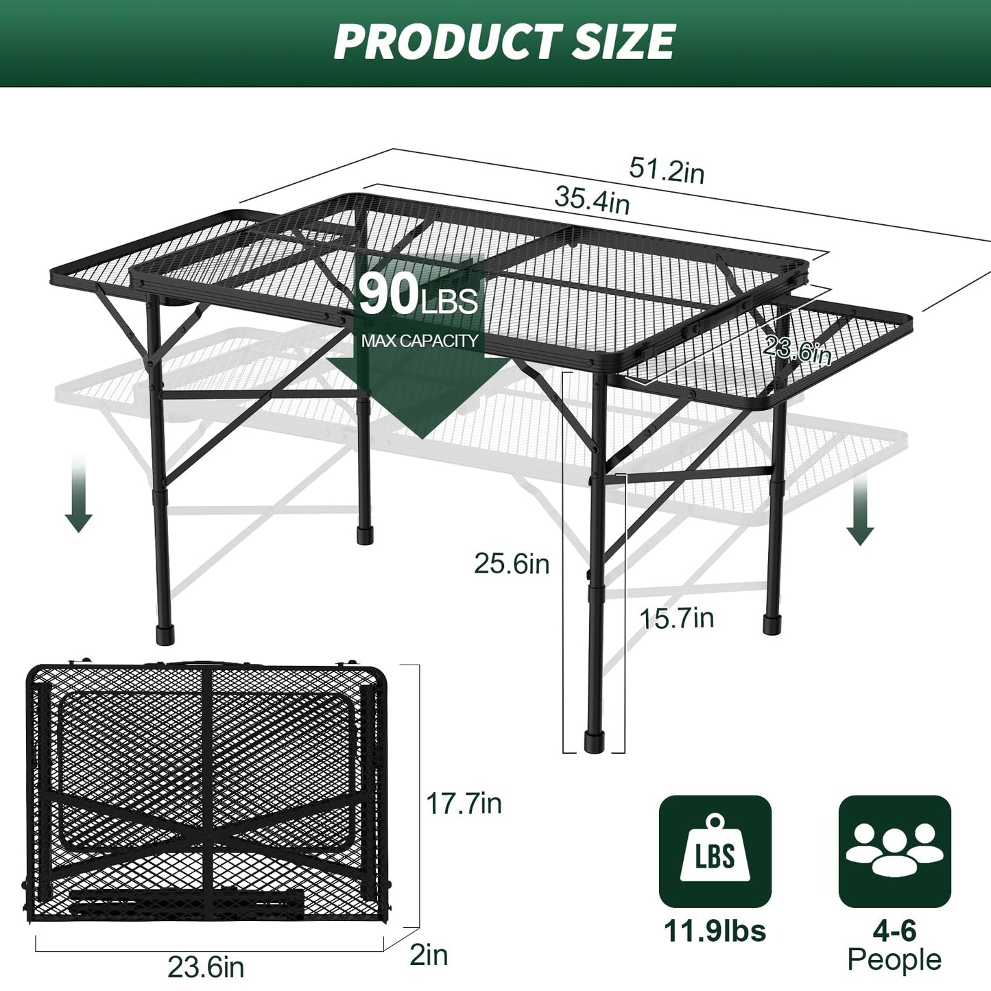 WildFinder Folding Table with 2 Wing Panels, 3x2 FT Camping Table with Mesh Desktop,Height Adjustable Folding Grill Table with Mesh Bag,Portable Outdoor Table for Picnic,Camping,BBQ,Beach(Black)