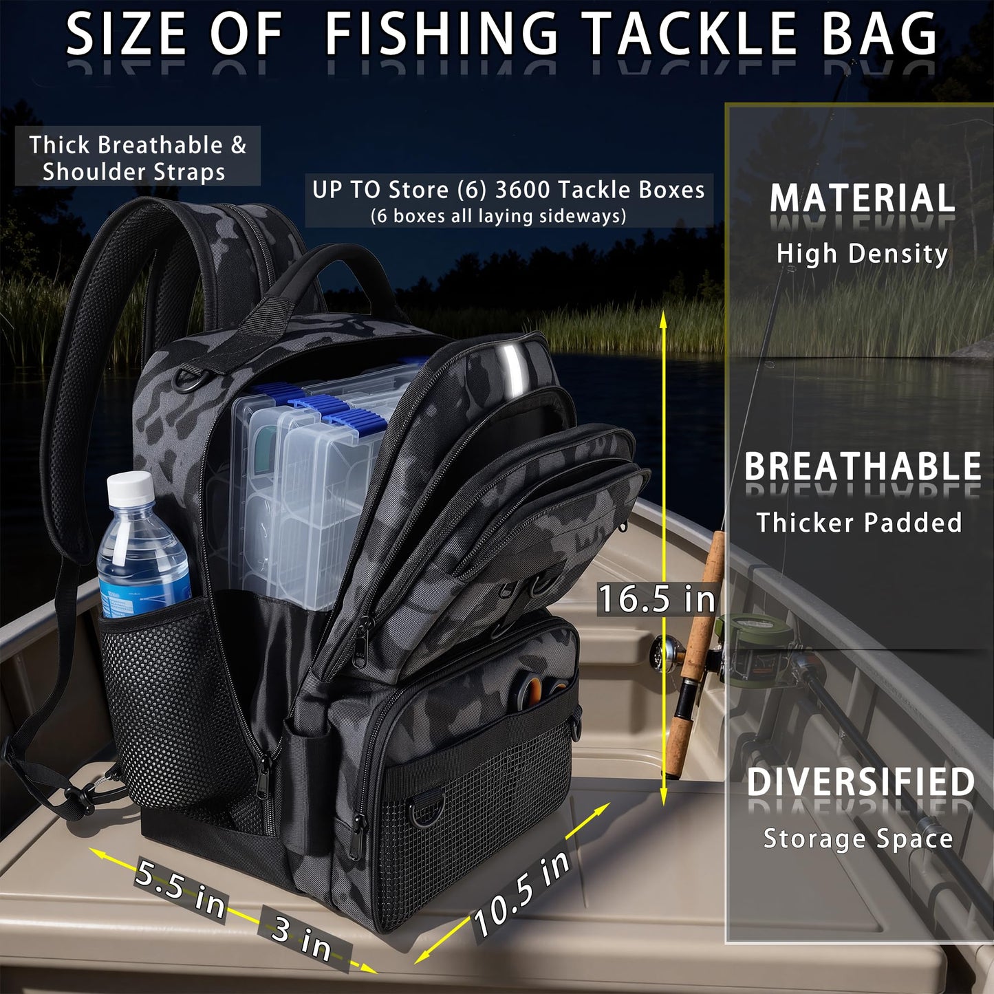 SKAITU Fishing Backpack with Tackle Boxes and Rod Holder, 24L Fishing Sling Bag with Fishing Lures Kit, Fishing Gear Bag Gifts for Men Women - Black Backpack