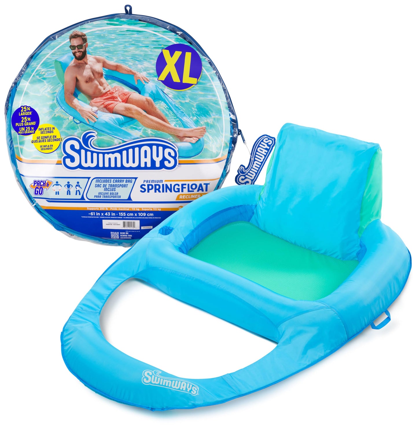 SwimWays Spring Float Premium XL Recliner Chair, Inflatable Pool Floats Adult with Fast Inflation, 25% Larger Than Recliner, Supports Up to 300 lbs