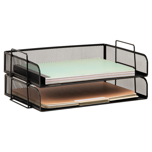 Mind Reader Stackable Paper Tray, Desktop Organizer, File Storage, Office, Metal Mesh, 2 Pcs., Black