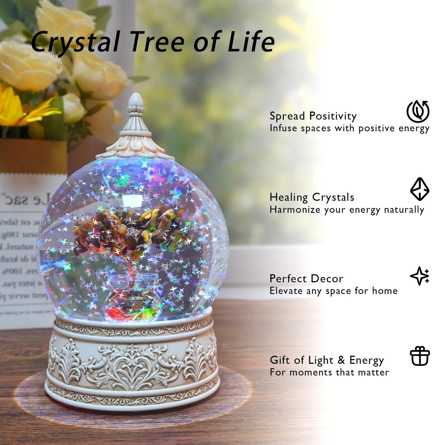 Tiger Eye Healing Crystal Tree Globe with Colorful Lights and Sparkling Glitter, Natural Gemstone Base, Spiritual Meditation, Positive Energy Good Luck, Home Decor, Birthday Gifts (Tiger Eye)