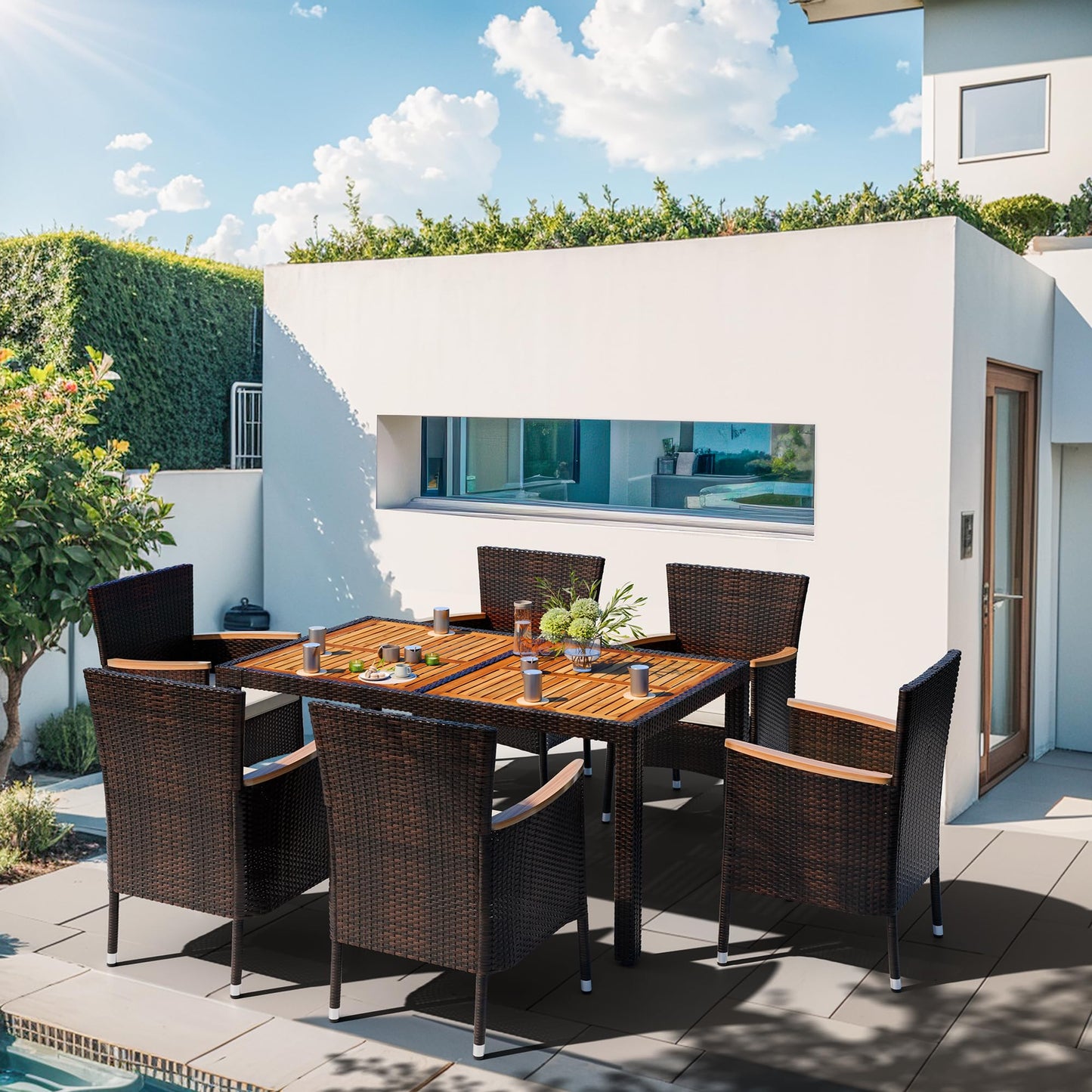 Shintenchi 7 Piece Patio Dining Set, Wicker Patio Conversation Set with Wooden Table Top, Outdoor Table and Chairs with Soft Cushions for Backyard, Deck and Garden, Brown Rattan