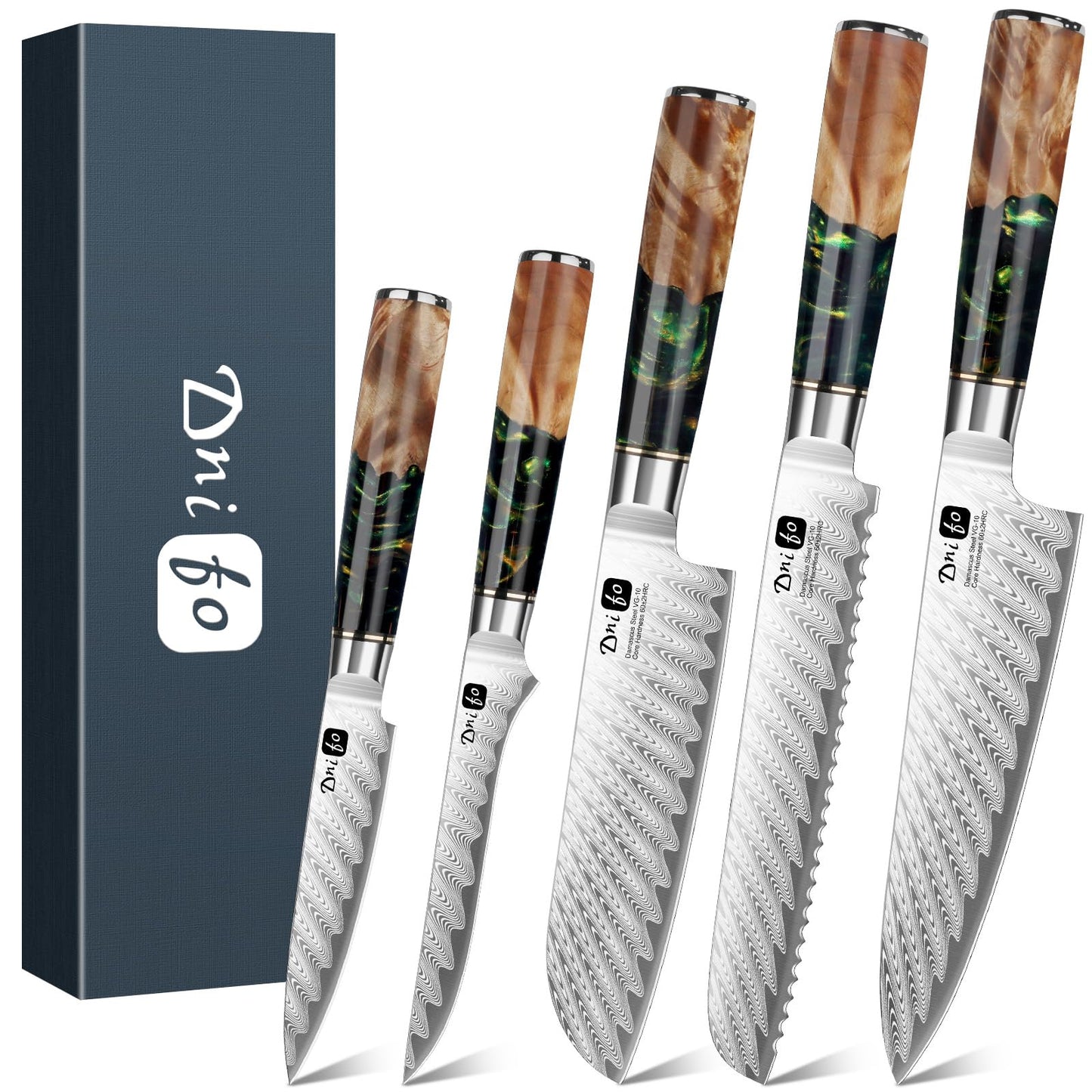 5 Pieces Damascus Knife Set, Japanese Chef Knife Set with Galaxy Pattern Resin Handle, 67-Layers Damascus Steel, Gift Box Included 5" Paring, 6" Boning, 7" Santoku, 8" Chef & 8" Bread Damascus Knives