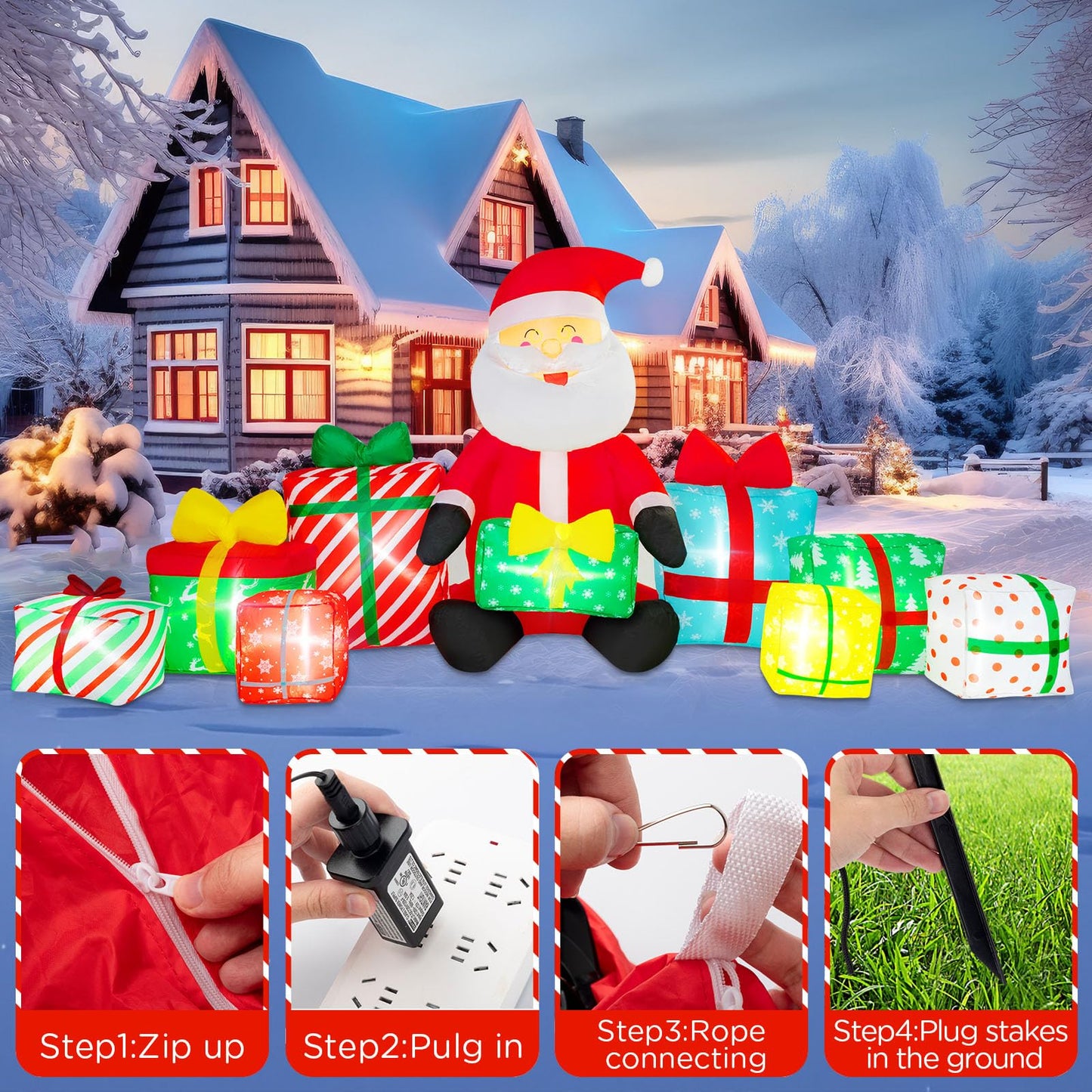 10 Ft Long Christmas Inflatable Santa Claus Giant Gift Boxes with LED Lights Santa Claus Gift Inflatable Decoration Built in Automatic Blowers for Xmas Outdoor Indoor Yard Garden
