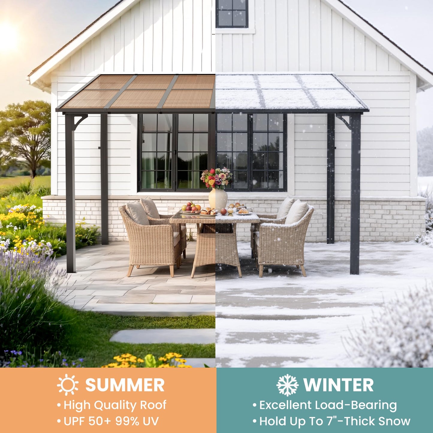 Pamapic 10x14FT Wall Mounted Gazebo, Hardtop Lean to Gazebo with Aluminum Frame & UV Resistant Polycarbonate Roof, Outdoor Patio Awning for Deck, Porch, Lawn & Backyard