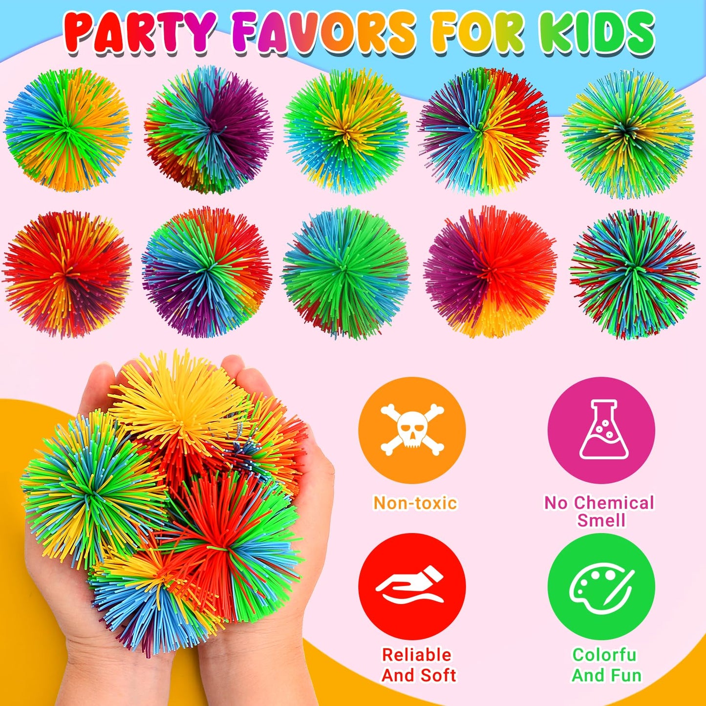 SHQDD 14 PCS Stringy Balls, Sensory Stringy Ball, 2.75 inch Soft Rainbow Pom Bouncy, Basket Stuffers Fillers, Monkey Pom Balls Fidget Toys Stress Ball, Party Favors Birthday Gifts (Multi-Color)