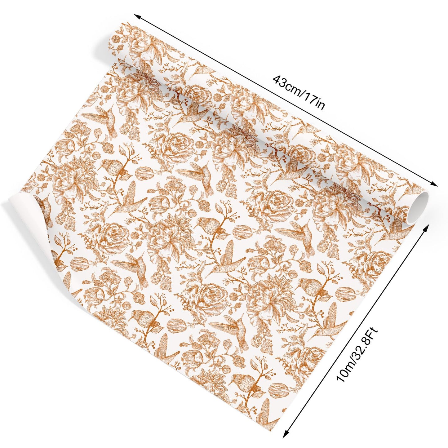 FYSUIMU Orange Floral Wrapping Paper -Mini Roll- 17 In x 32.8 Ft Chinoiserie Birds Flower Gift Wrap Paper for Wedding Baby Shower Birthday Party Wrapping Supplies