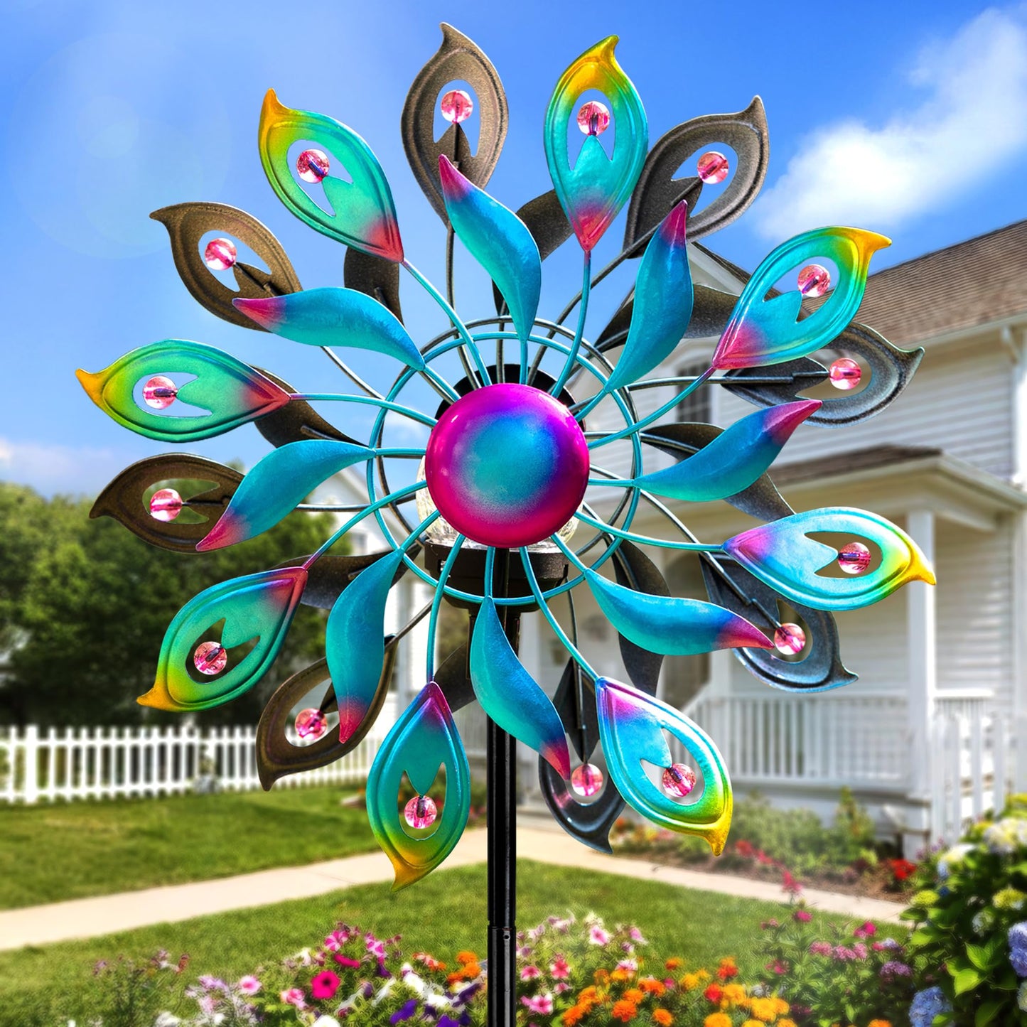 360°Peacock Solar Wind Spinner with Lights Blue Metal Garden Outdoor Decor Yard Lawn Art Decor for Patio Kinetic Windmills Unique Gifts for Friends and Family 51.9' H x 12.2'' Dia
