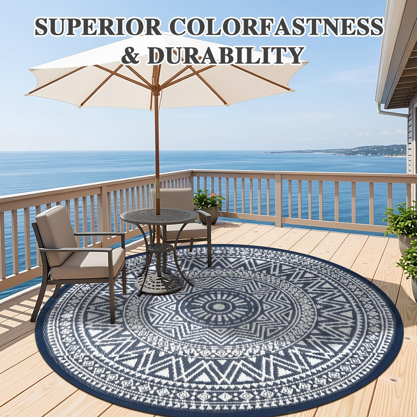 famibay Outdoor Rug Waterproof 6ft Round, Reversible Boho Plastic Straw Patio Camping Area Rugs, Portable Indoor Outdoor RV Mat for Deck, Porch, Balcony, Backyard, Picnic, Beach, Pool, Blue & White