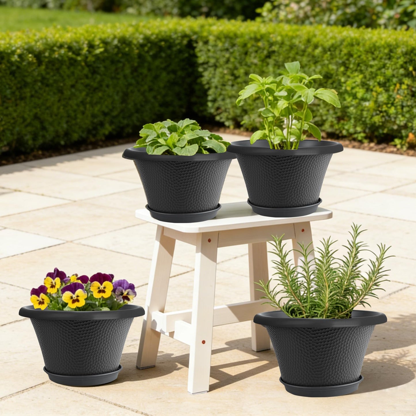 Quarut 12 Inch Pots for Plants,4 Pack Large Flower Pots with Drainage Hole & Saucer,Modern Planters for Indoor Outdoor Plants,Decorative Resin Garden Pots Black