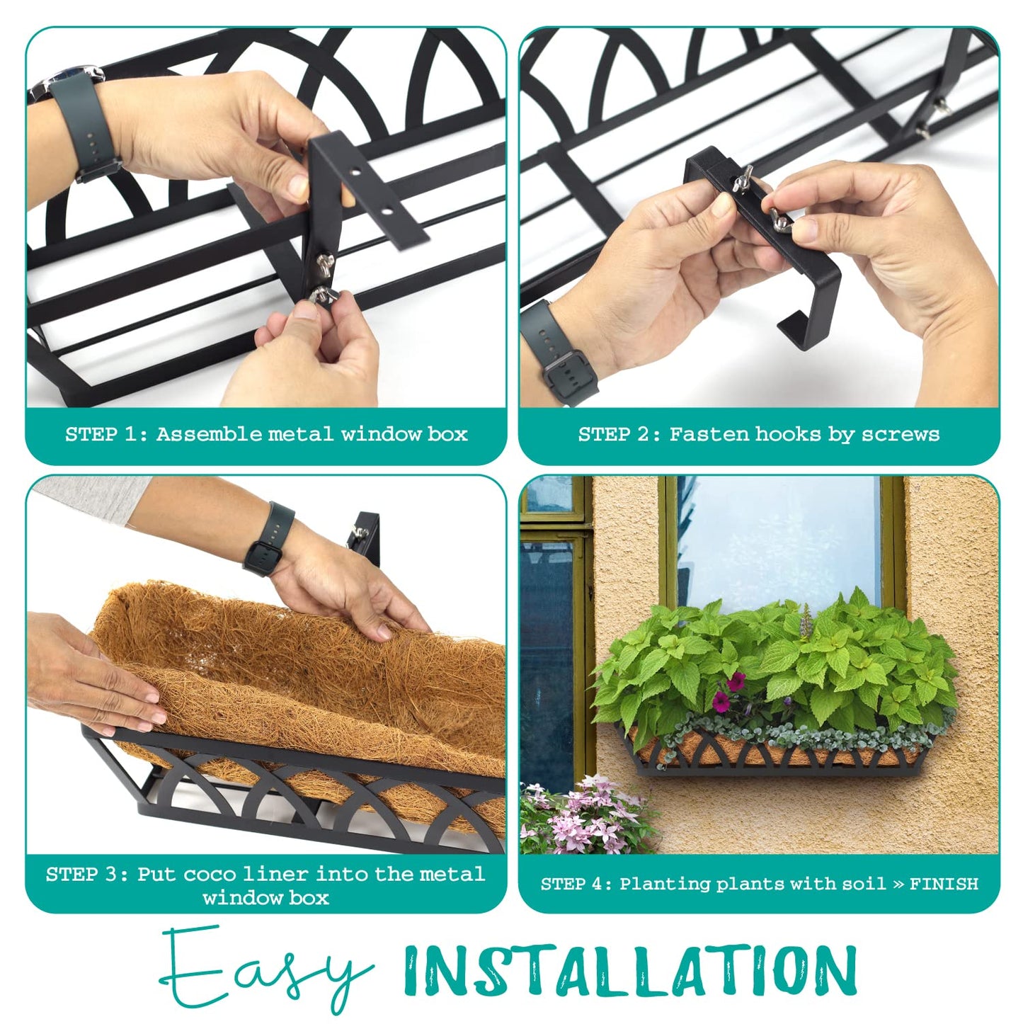 WIMART Window Box Railing, 24 Inch Black Metal Hanging Flower Planter Basket with Coco Liner for Outdoor Balcony Porch Fence Patio for Home, Office and Hotel (Black - 4 Pcs/Set)