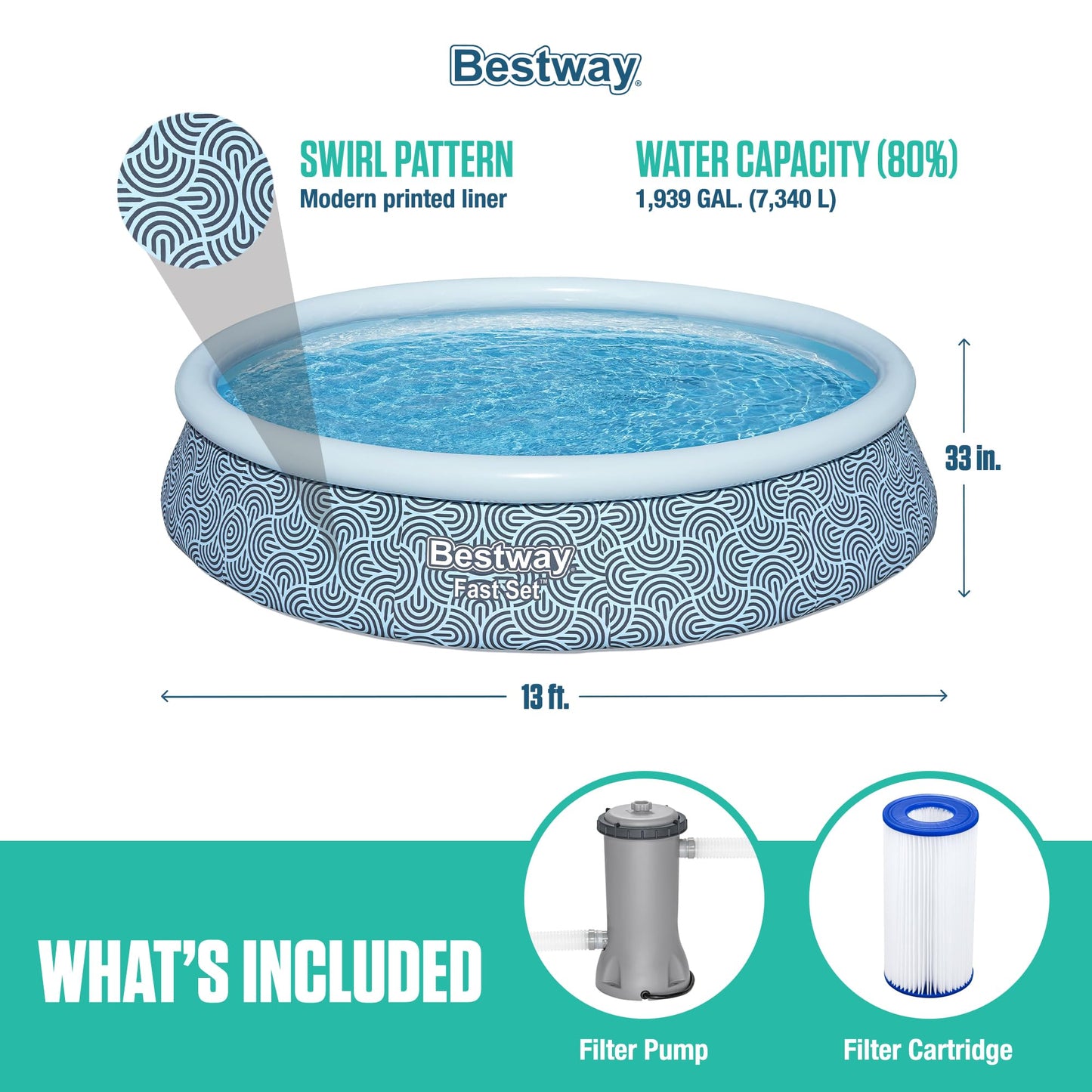 Bestway Fast Set 13' x 33" Round Inflatable Above Ground Swimming Pool Set, Outdoor Family Pool with Filter Pump, Rattan Print