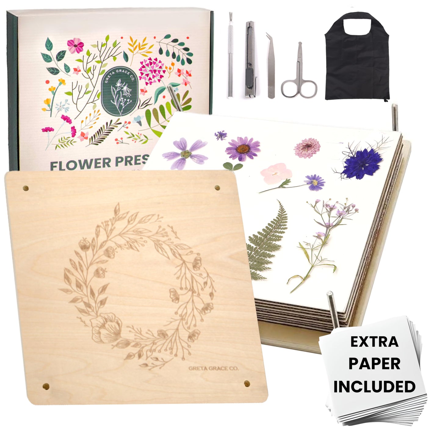 Extra Large Flower Press Kit | 11"x11" 10 Layers Wooden Pressing Boards, Tools & Bag | Crafting Kits for Adults & Kids | DIY Pressed Flower Plant Preservation Kit | Bouquet Preservation | Great Gift