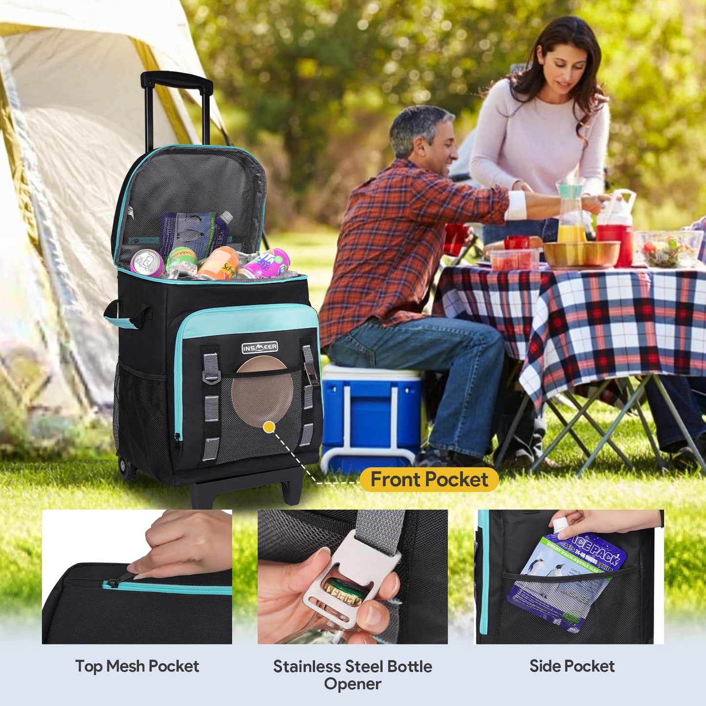 INSMEER Cooler with Wheels and Handle, 80 Cans/50L, Portable Rolling Coolers (Black)