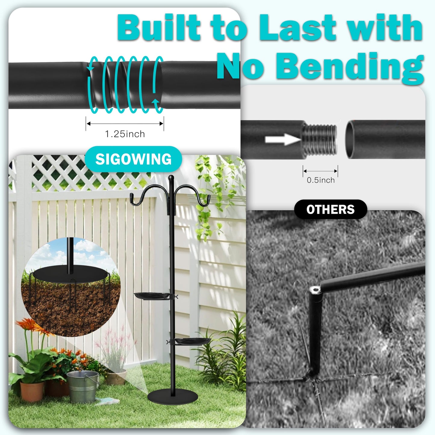 76" Thicken Shepherds Hooks for Outdoor - Dual Shepherd Hooks for Hummingbirds Feeder with 2 Stands, Bird Feeder Pole with a Flat Base for Deck, Plant Stand Indoor, Wreath and Wind Chimes Hanger