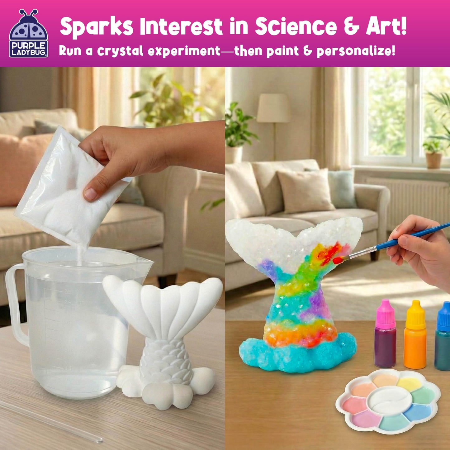 Crystal Growing Kit-Birthday Gifts for Kids Ages 6 7 8 9 10 11 12, Crystal Making Experiment For Girls, Grow Your Own Mermaid Crystal, STEM Kit For Girls, Fun Summer Vacation Science Activity For Kids