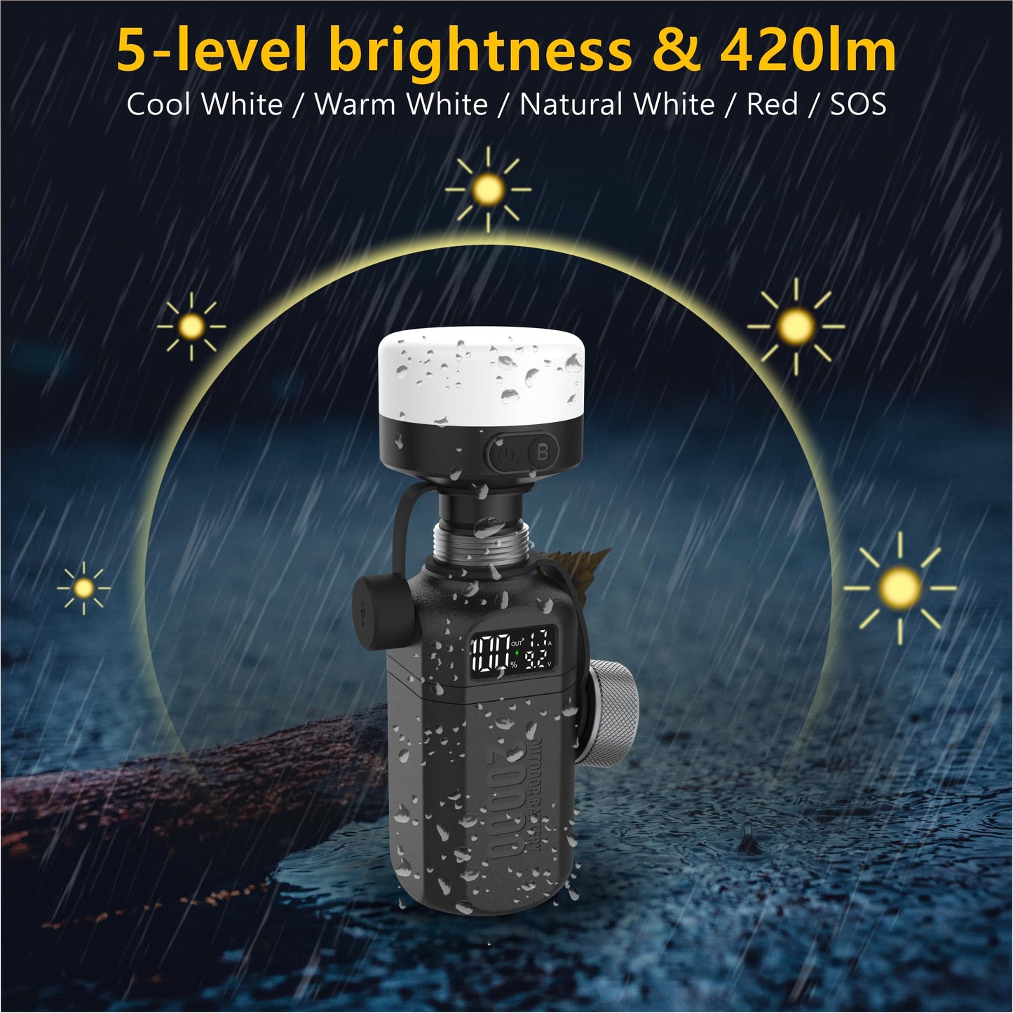 aswayke 20,000mAh Rugged Power Bank with Fast Charge USB-C PD, IP68 Waterproof Shockproof, Includes 420lm Bright Camping Lantern, Tactical Outdoor Charger for Hiking Camping Survival Emergency（Black）