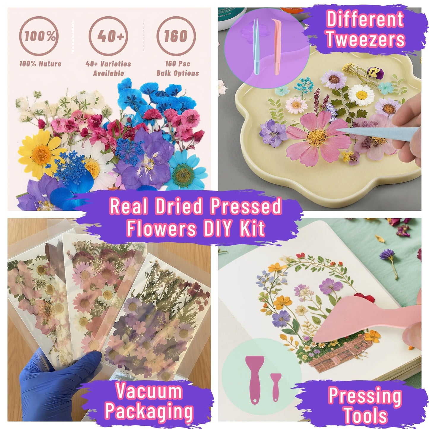Tessera 160 Pcs Dried Pressed Flowers with Tweezers for Crafts, Dried Flowers for Resin Crafts for Jewelry Making for Candle Making for Wedding Card