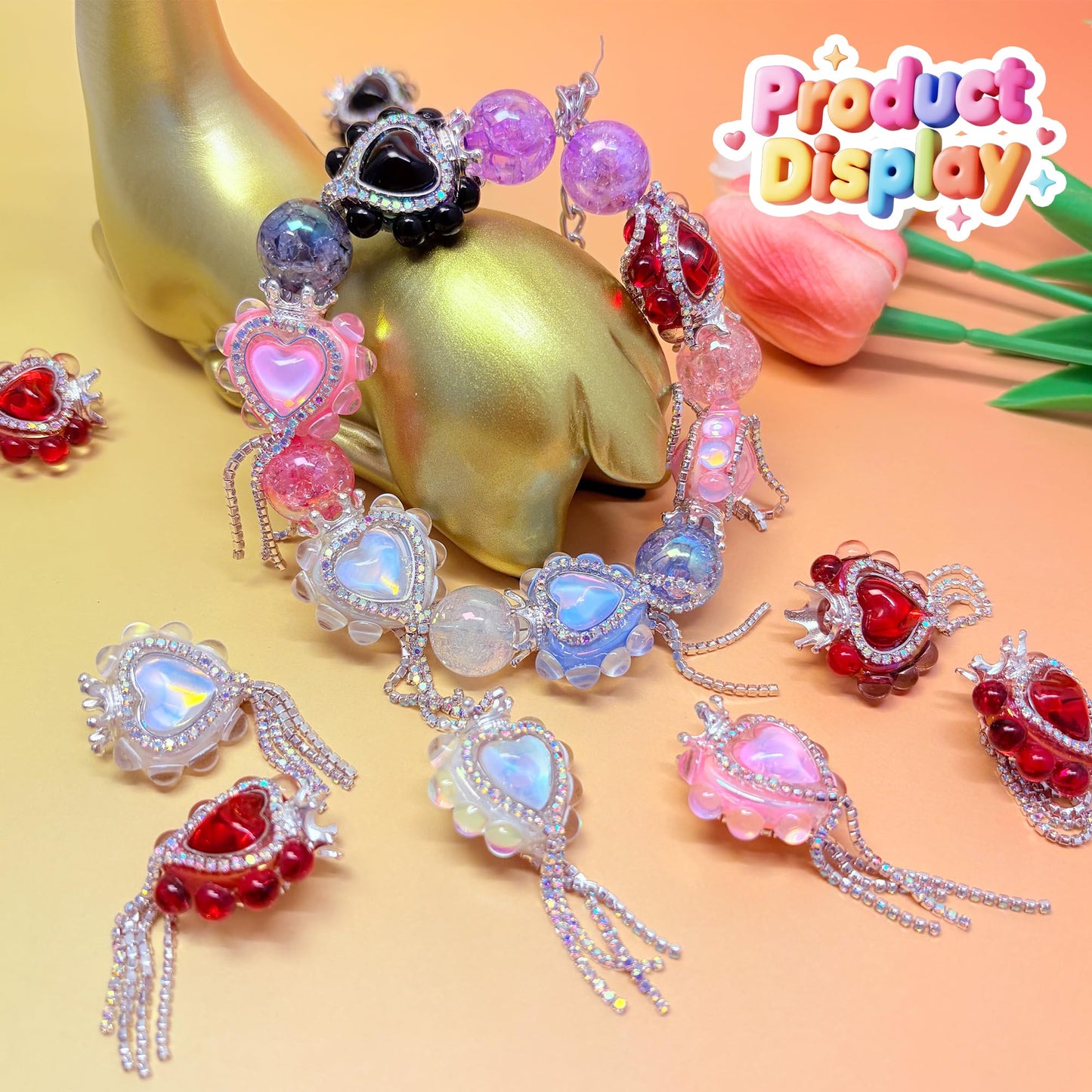 10pcs Rhinestone Focal Beads for Pens, Sparkling Heart-Shaped Designs with Tassels, Fancy Beads for DIY Jewelry Making Keychains Crafts Holiday Decorations (Heart-Shape-Focal Beads)