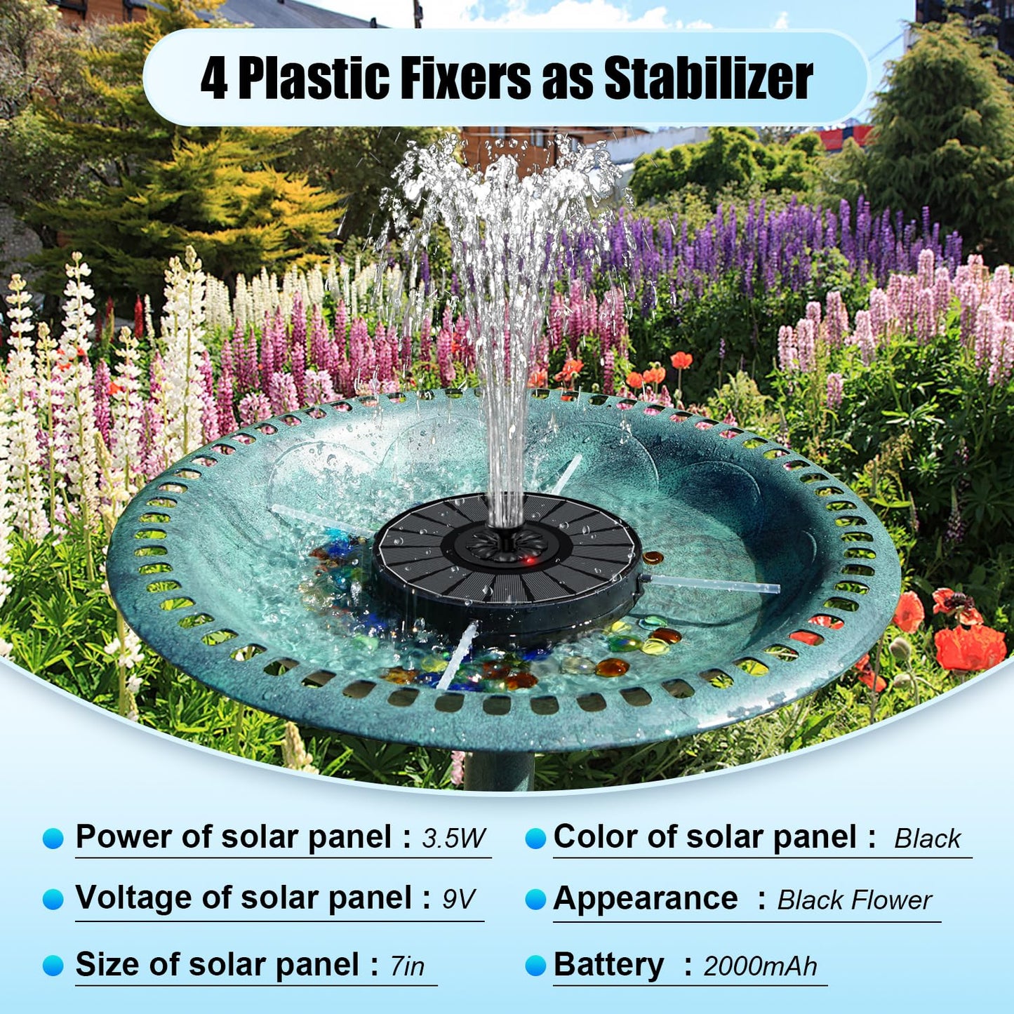 SZMP Solar Fountain Work On Cloudy Day,Solar Water Bird Bath Fountain with Faster Conversion Glass Solar Panel and Power Indicator,Built-in 2000mAh Battery,Outdoor Garden Decor(Black Panel)