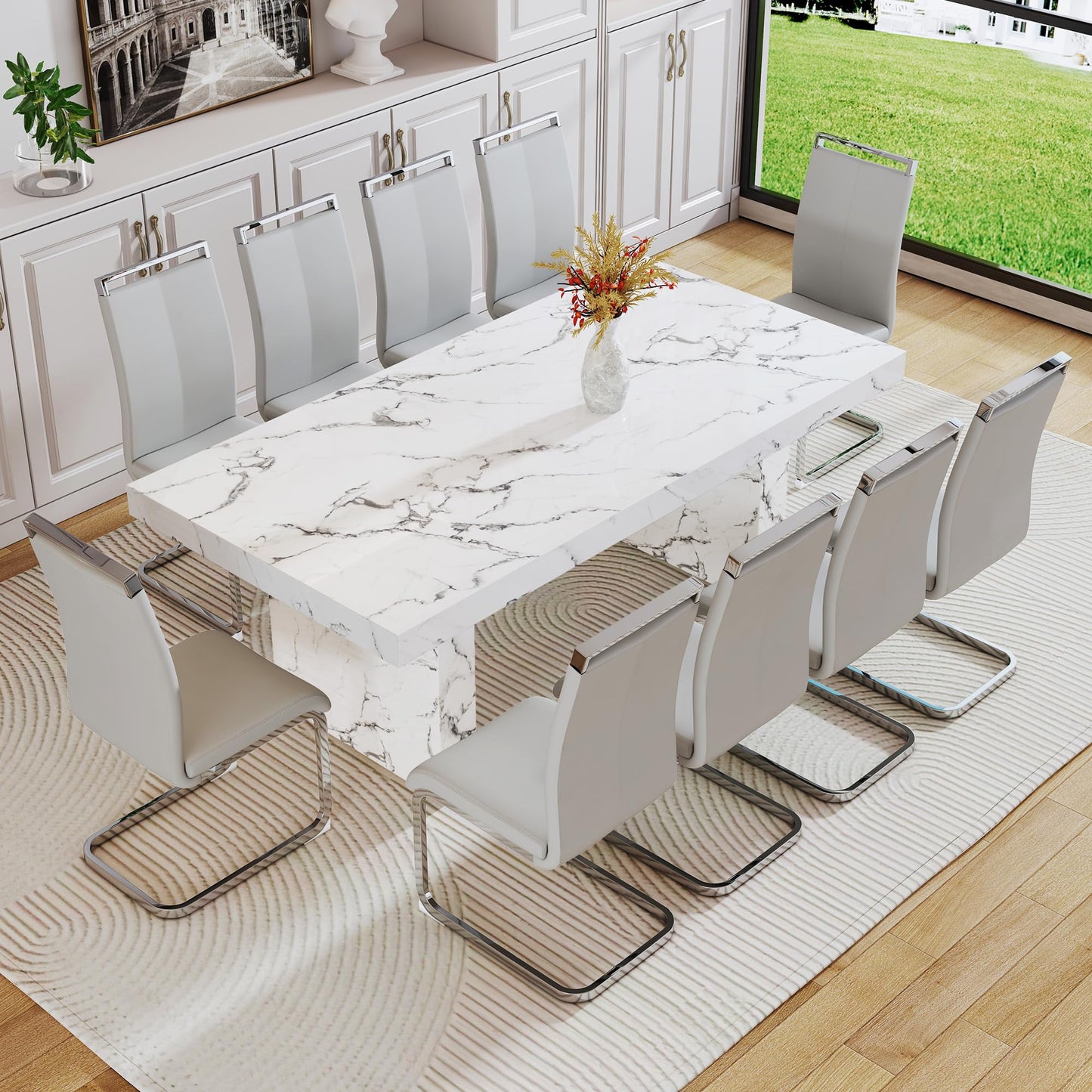 gopop 11 Piece Dining Table Set, 79" Marble Dining Table Set for 10, Marble Pattern MDF Dining Table Top and Base, 10 PU Leather Dining Chairs with Chrome Plated Metal Legs for Kitchen Dining Room.