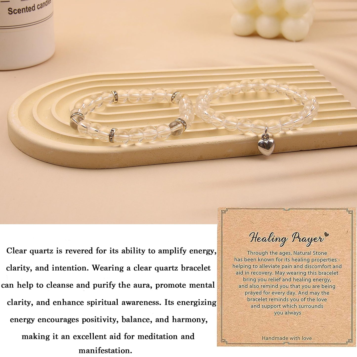 GDLKPYHS Healing Bracelets for Women - Clear Quartz Bracelet - Healing Prayers Crystal Bracelet, 8mm Natural Stone Stress Relief Yoga Beads Get Well Soon Gifts