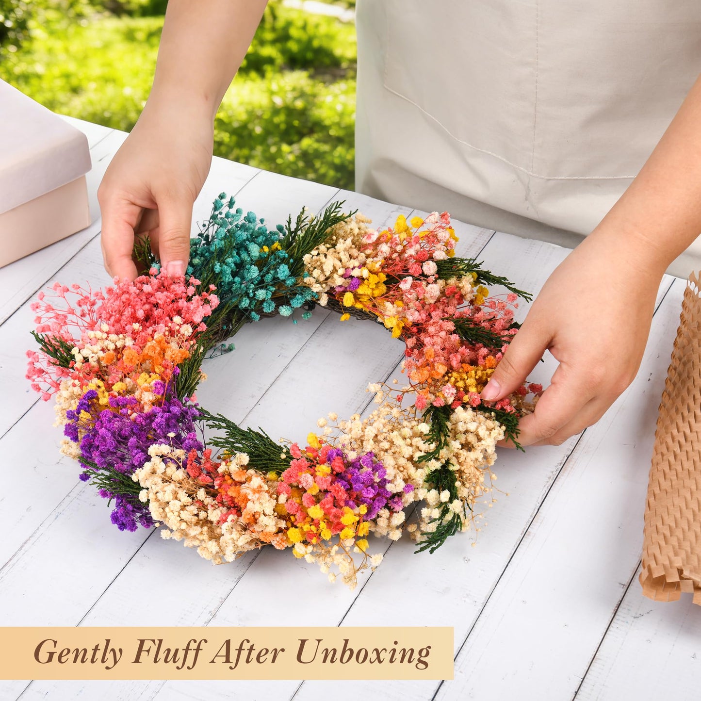 YZXZM 11 Inch Small Dried Flower Wreath – Handmade Baby’s Breath Spring Summer Wreath for Apartment, Nursery, Bedroom, Door & Wall Decor