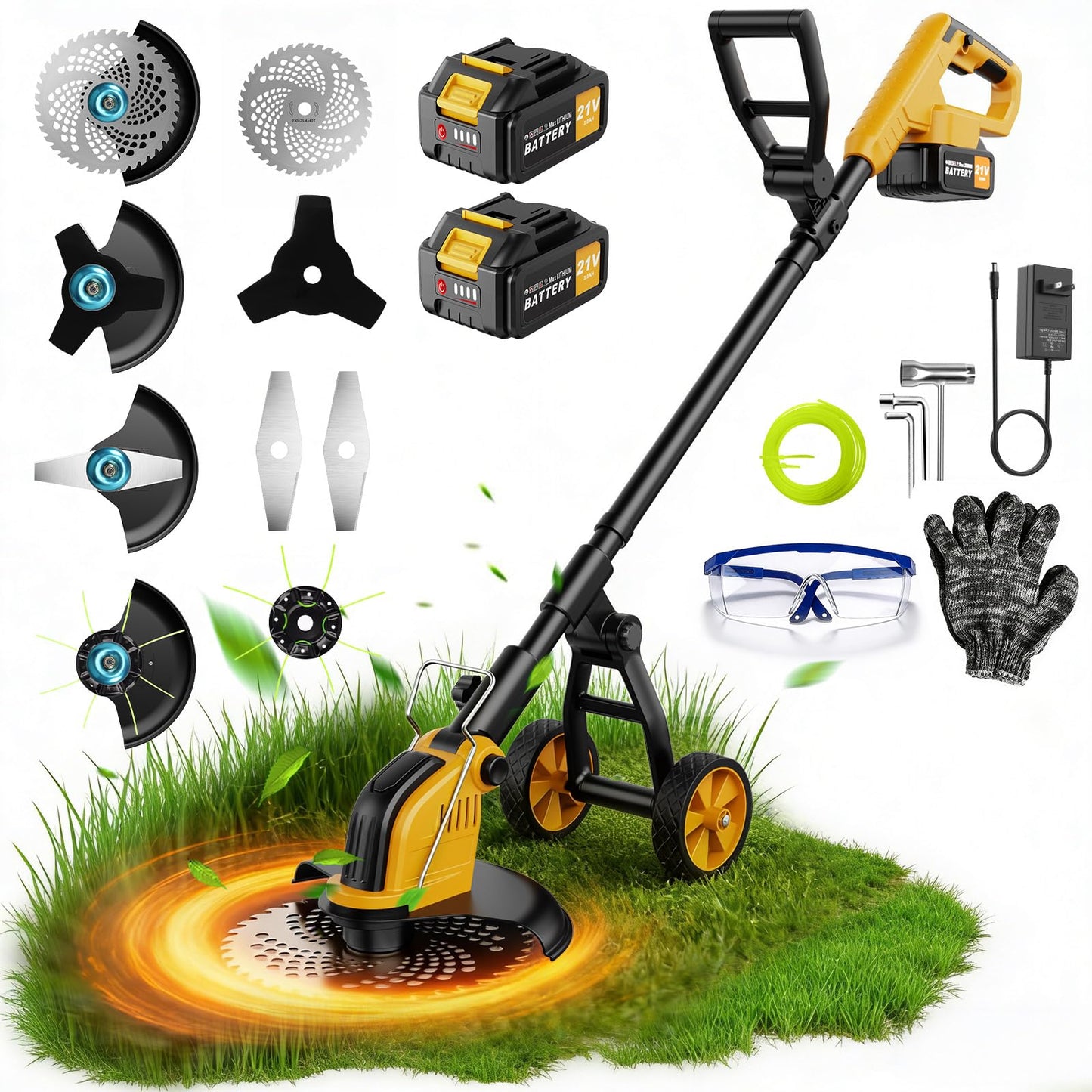 21V 800W Brushless Cordless Weed Wacker, 12 Inch Electric Weed Eater with Wheels, 2×3000mAh Batteries Included & 4 Cutting Blades for Lawn Garden Yard Maintenance