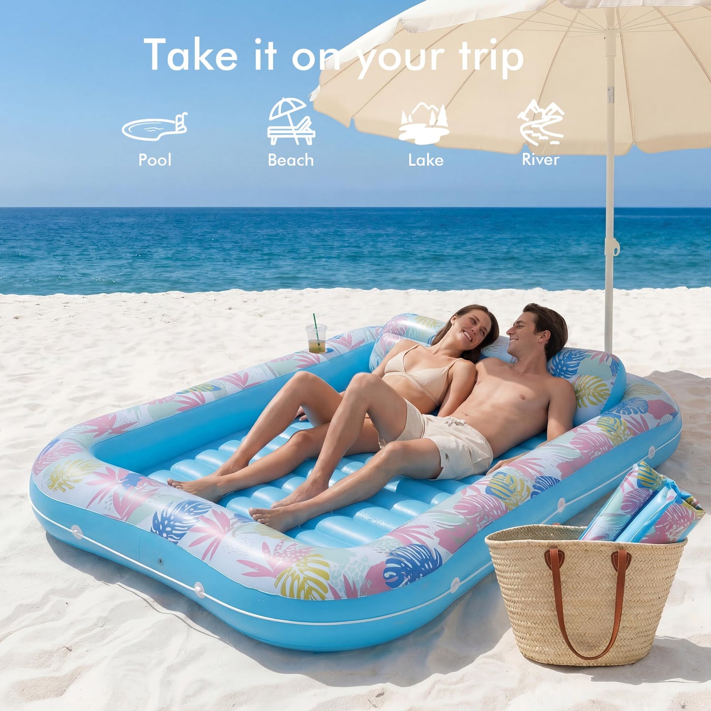Tanning Pool Lounger Float, OKSUWATER 87" x 63" Pool Floats Adult with Headrest & Drink Holder, Blow-Up Bed Sun Tan Tub for Sunbathing, Beach, Backyard, Outdoor, Summer Water Party (Blue-XL)