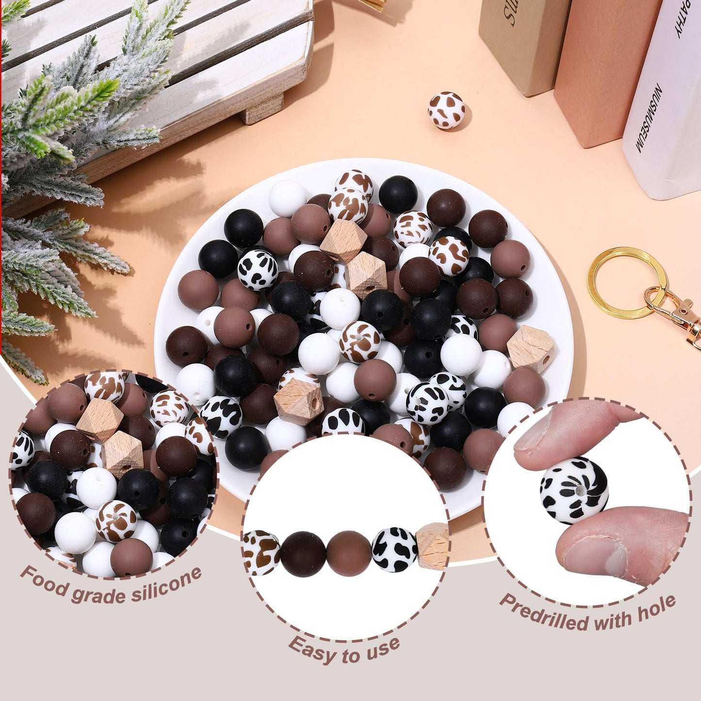 JarThenaAMCS 100Pcs Cow Print Silicone Beads Assorted Brown Black White Round Spacer Beads Keychain Making Kit with Elastic Rope Wood Key Rings and Tassels for DIY Crafts Jewelry Bracelet Pen